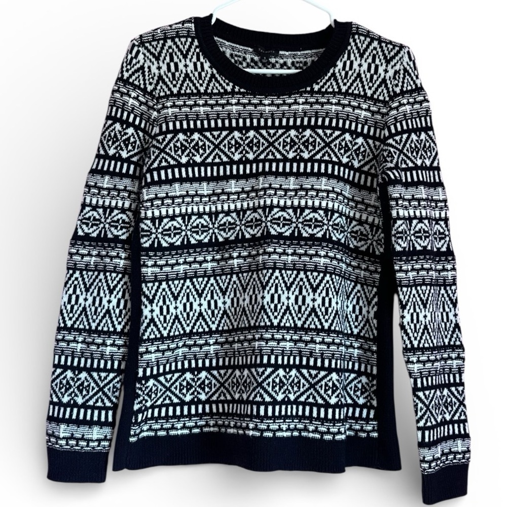 Talbots Black White Fair Isle Knit Sweater Size Small Classic Winter Pullover